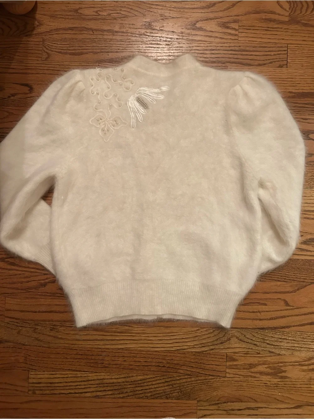 Women’s Soft Cream Beaded Angora Blend Retro Inspired Grandmacore Cardigan